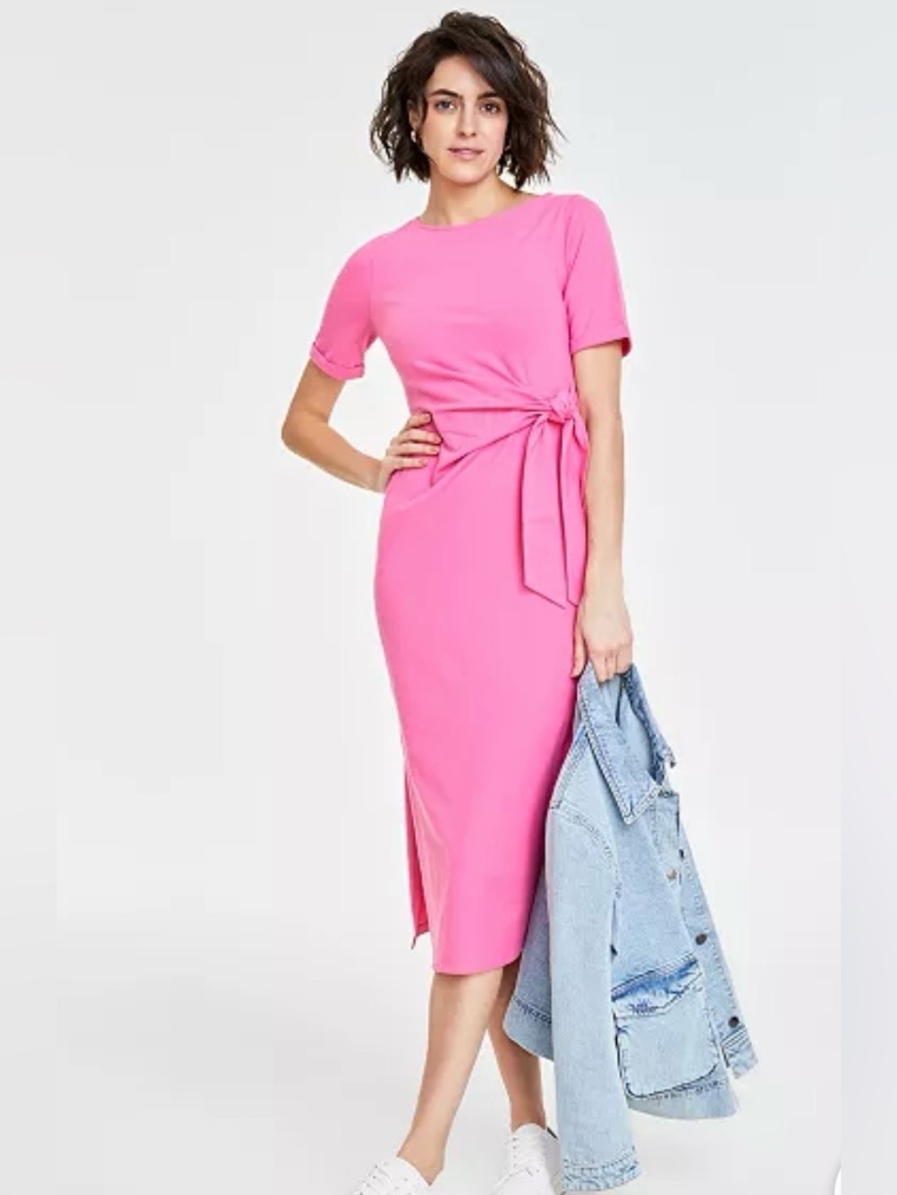 NWT Bright Pink Crewneck Midi Wrap-Tie Dress
